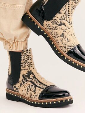 Free People Cream & Black Wool-Pattern Chelsea Boot with Patent Cap